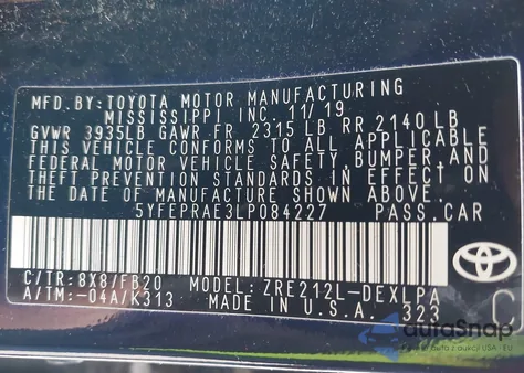 2020 Toyota Corolla Le из США, поврежденный, VIN 5YFEPRAE3LP084227